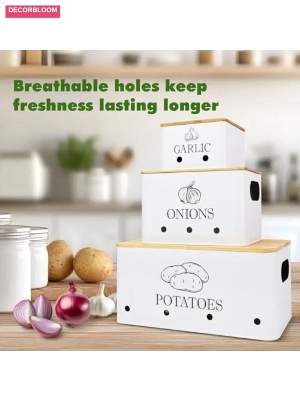 Metal Potato Onion Garlic Storage Set of 3 with Bamboo Lids